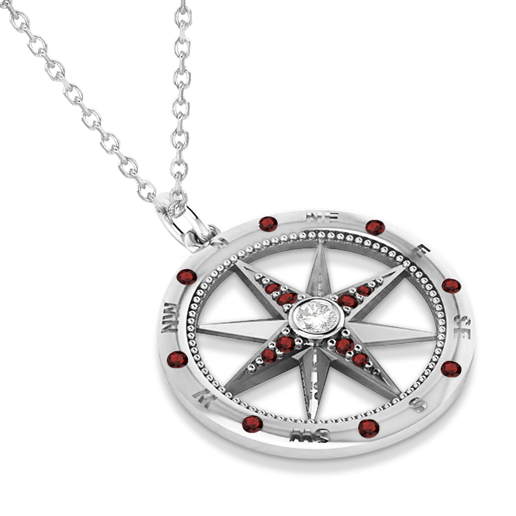 Compass Pendant Garnet & Diamond Accented 18k White Gold (0.19ct)