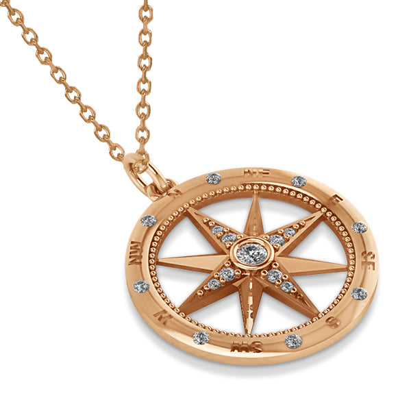 Compass Necklace Pendant Lab Diamond Accented 14kRose Gold (0.19ct)