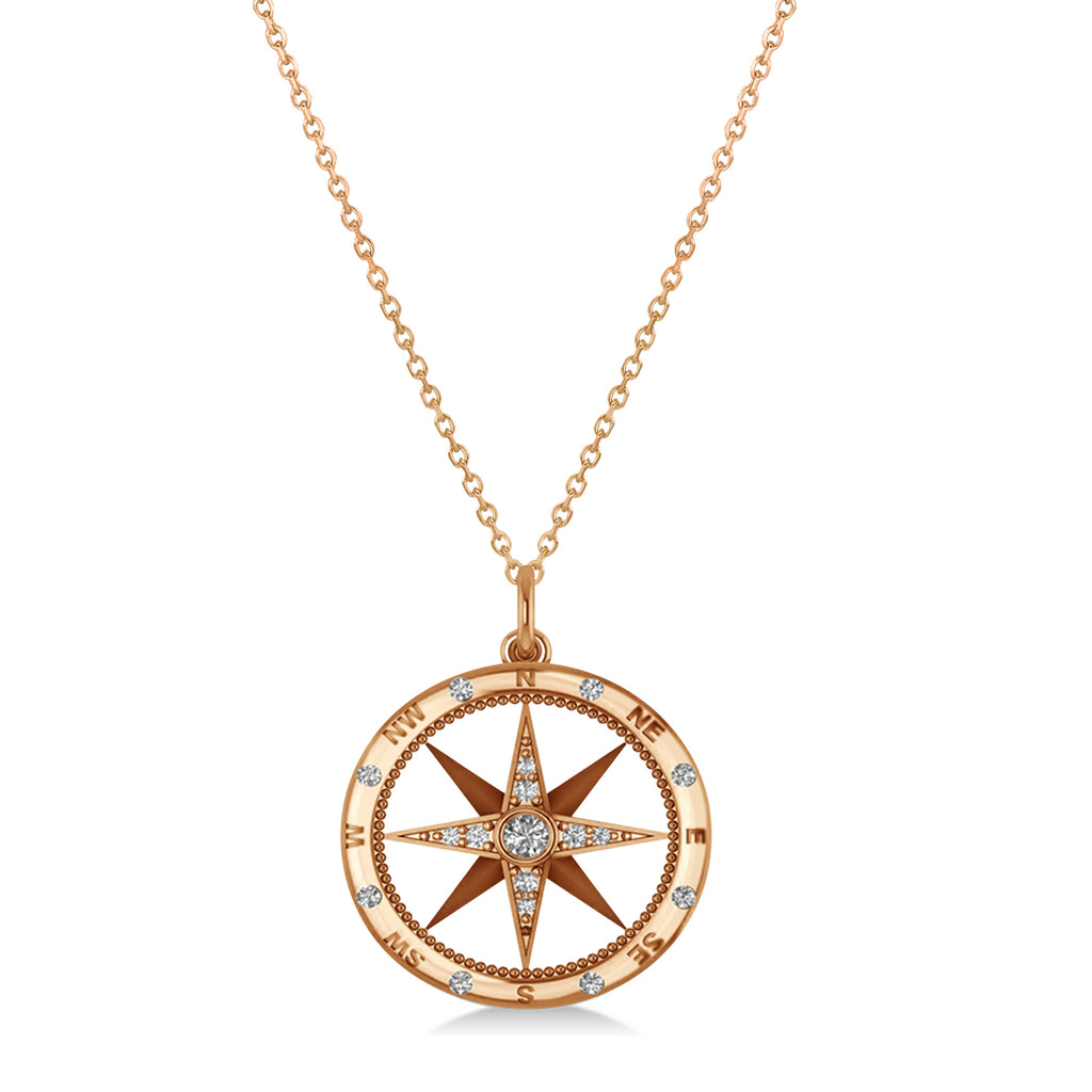 Compass Necklace Pendant Lab Grown Diamond Accented 18k Rose Gold (0.19ct)