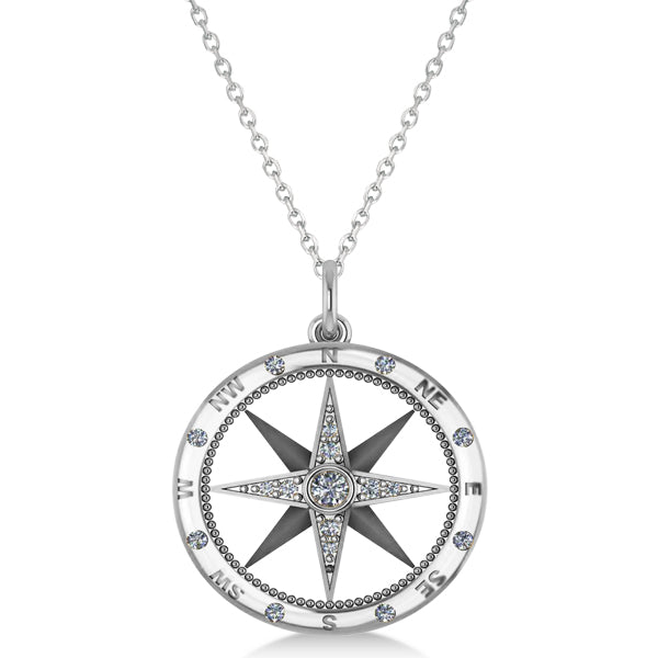 Compass Necklace Pendant Lab Grown Diamond Accented 18k White Gold (0.19ct)
