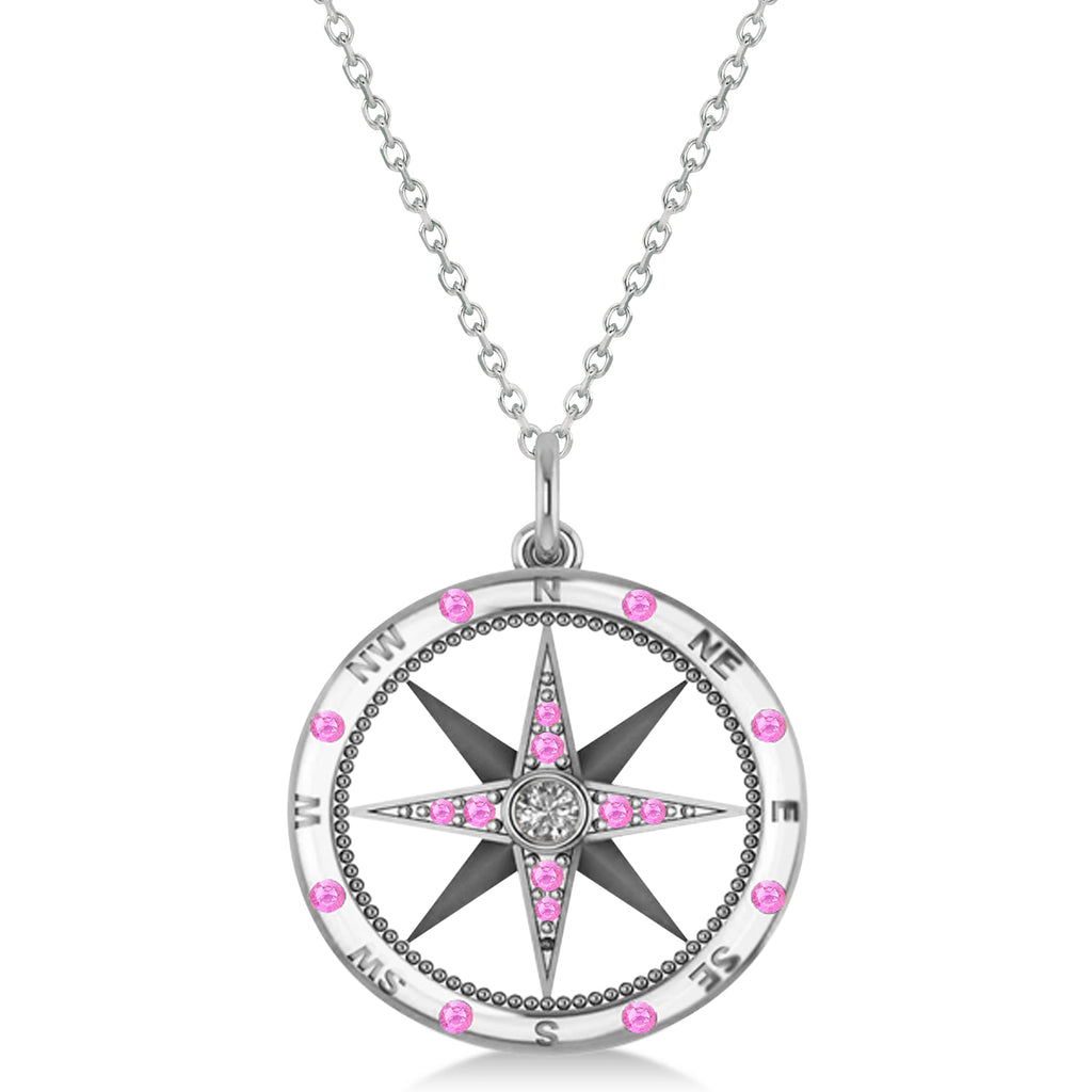 Compass Pendant Pink Sapphire & Diamond Accented 14k White Gold (0.19ct)