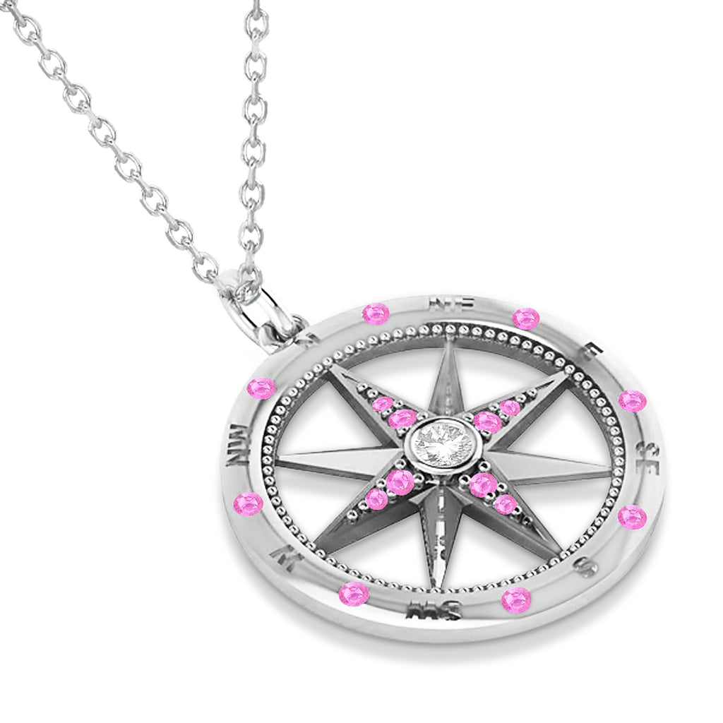 Compass Pendant Pink Sapphire & Diamond Accented 14k White Gold (0.19ct)