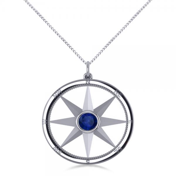 Blue Sapphire Compass Pendant Fashion Necklace 14k White Gold (0.66ct)