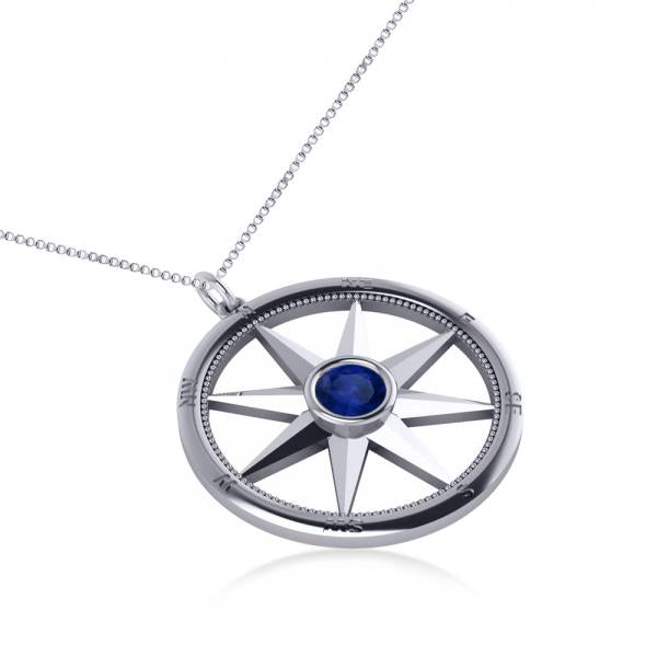 Blue Sapphire Compass Pendant Fashion Necklace 14k White Gold (0.66ct)