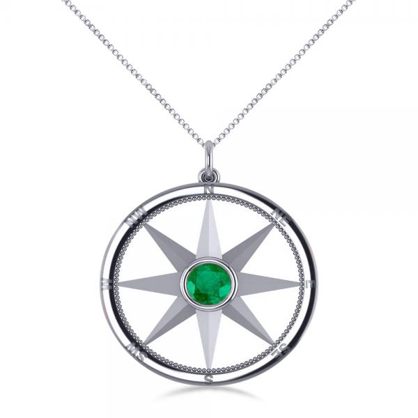 Emerald Gemstone Compass Pendant Necklace 14k White Gold (0.66ct)