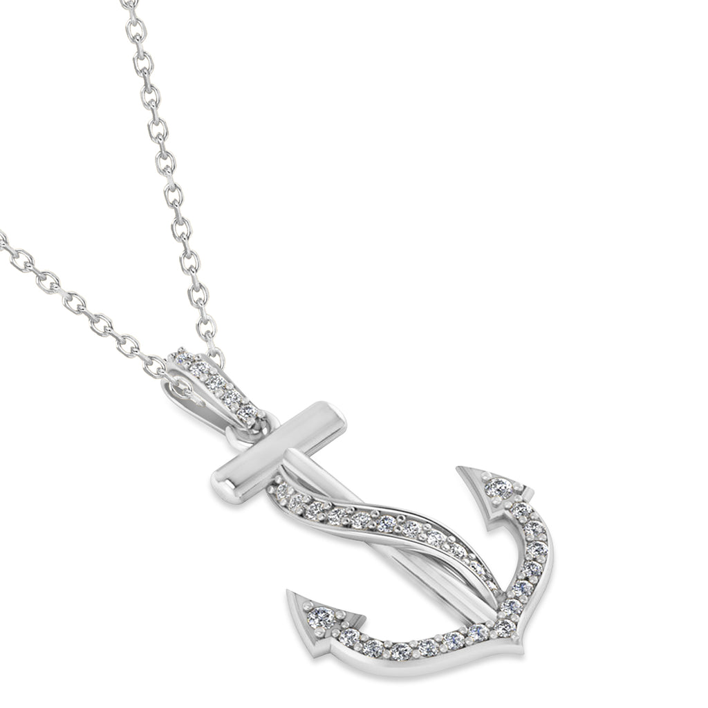 Diamond Ribbon Anchor Pendant Necklace 14K White Gold (0.35ct)