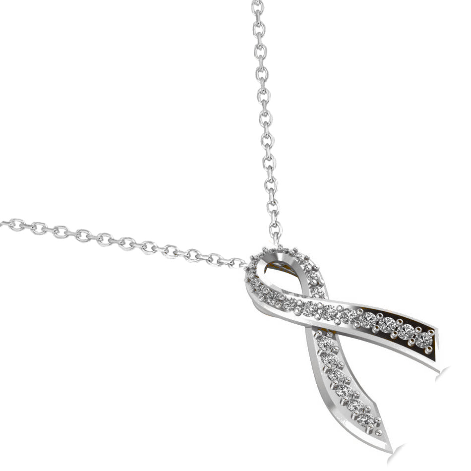 Awarness Ribbon Diamond Pendant Necklace 14k White Gold (0.28ct)