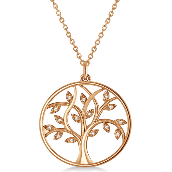 Large Diamond Tree of Life Pendant Necklace 14k Rose Gold (0.15ct)
