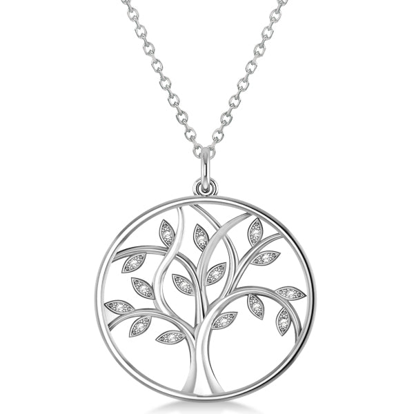 Large Diamond Tree of Life Pendant Necklace 14k White Gold (0.15ct)