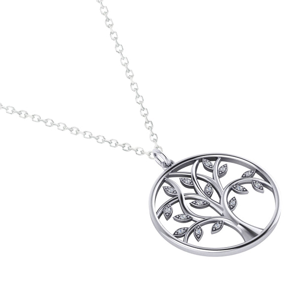 Large Diamond Tree of Life Pendant Necklace 14k White Gold (0.15ct)