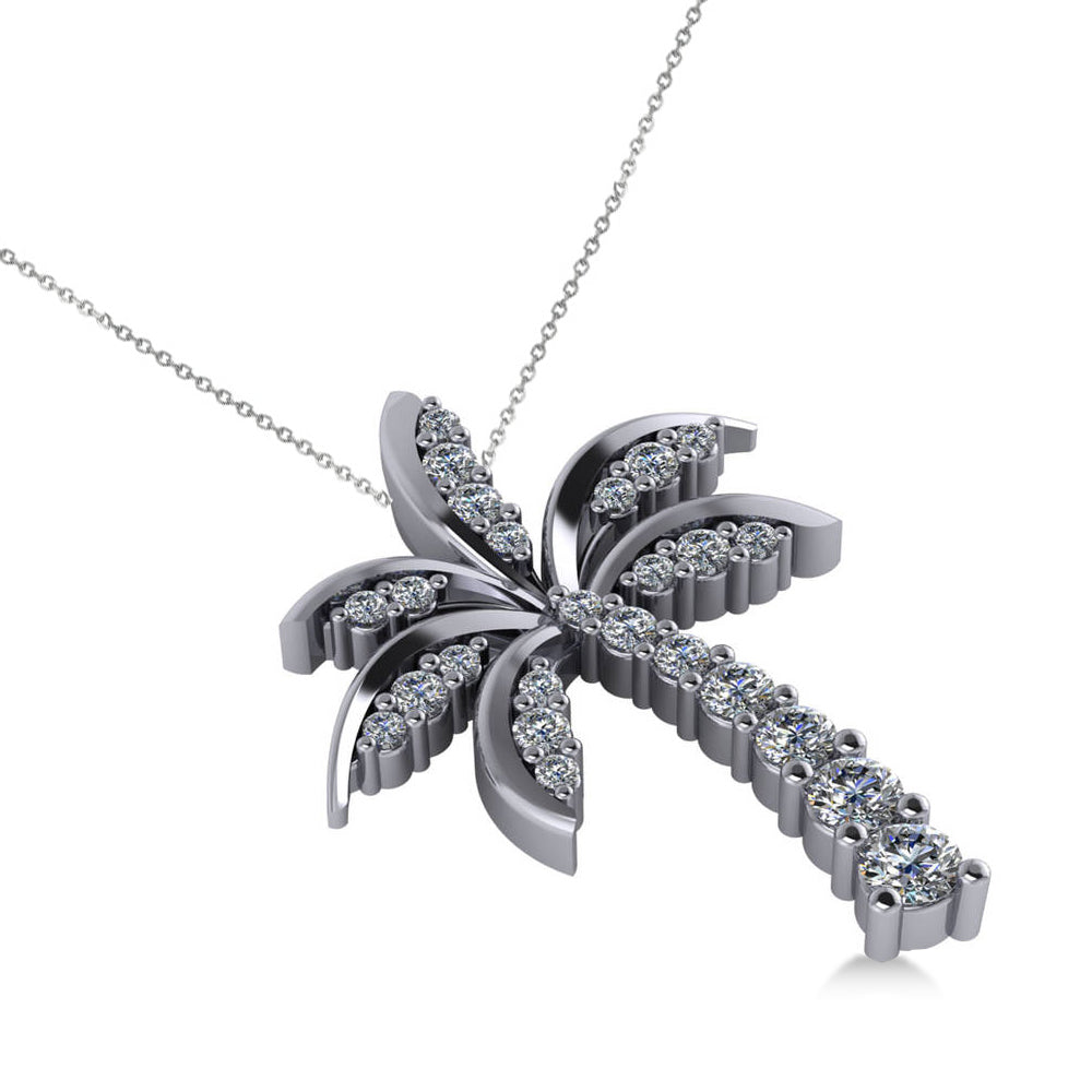 Diamond Tropical Palm Tree Pendant Necklace 14k White Gold (0.50ct)