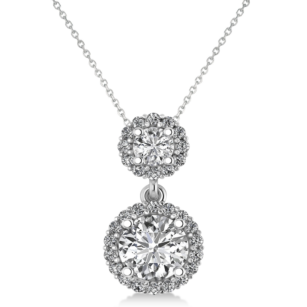 Two Stone Halo Diamond Pendant Necklace 14k White Gold (1.50ct)