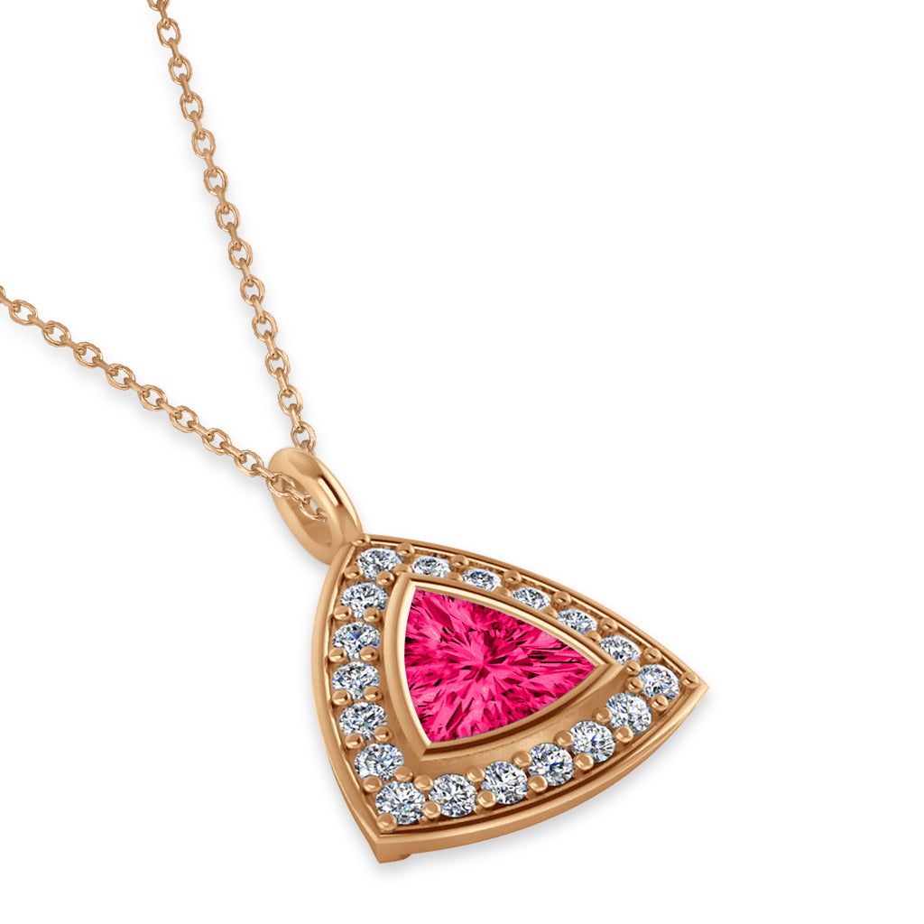 Pink Tourmaline Trillion Cut Halo Pendant 14k Rose Gold (1.86ct)