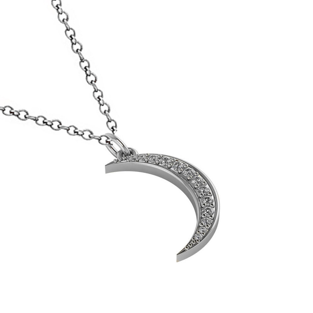 Crescent Moon Shaped Diamond Pendant Necklace 14k White Gold (0.13ct)