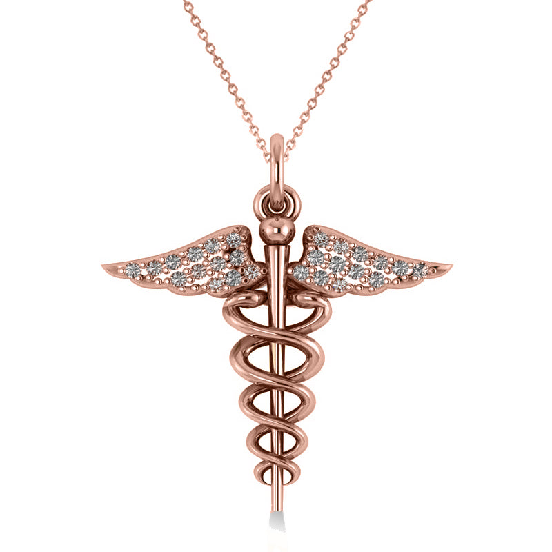 Diamond Caduceus Medical Symbol Pendant 14k Rose Gold (0.13ct)