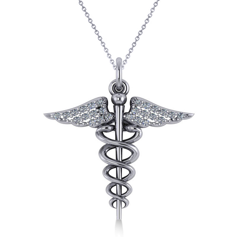 Diamond Caduceus Medical Symbol Pendant 14k White Gold (0.13ct)