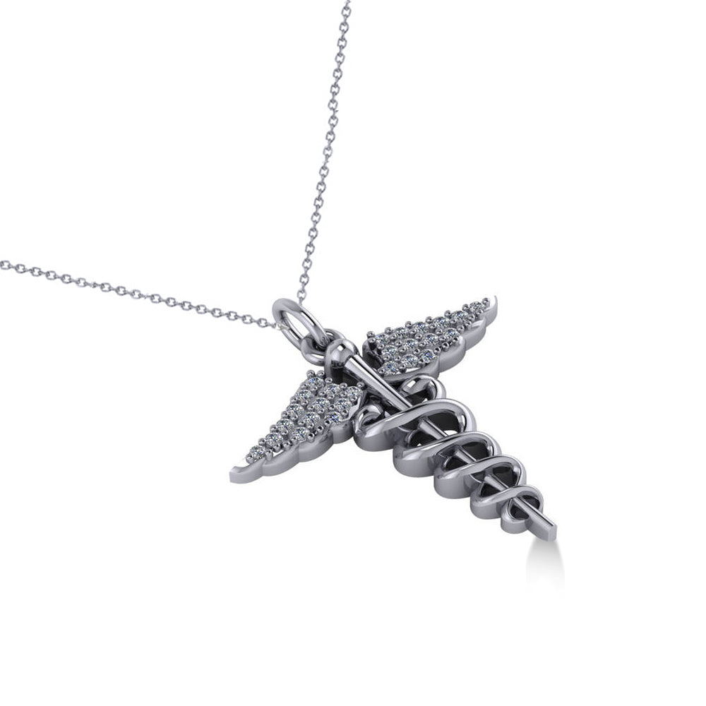 Diamond Caduceus Medical Symbol Pendant 14k White Gold (0.13ct)