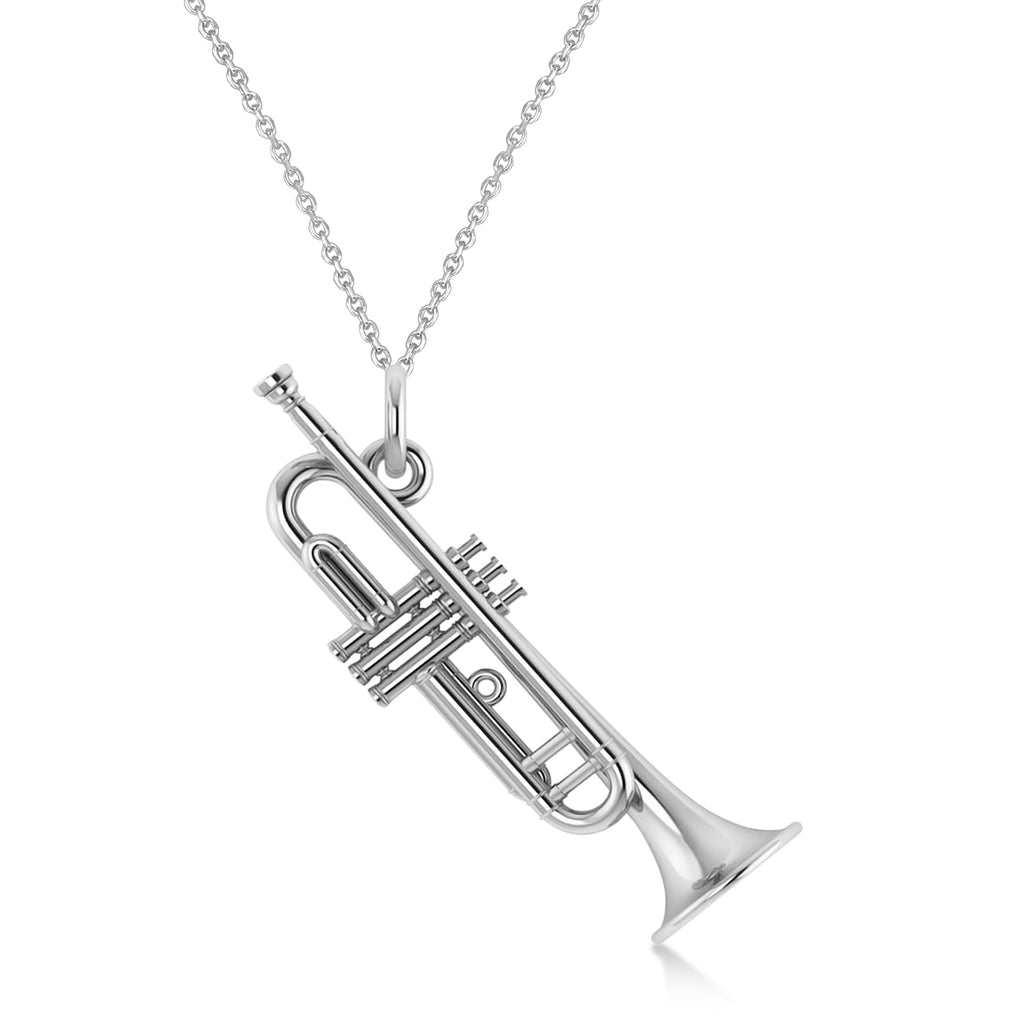 Trumpet Music Charm Pendant Necklace 14K White Gold