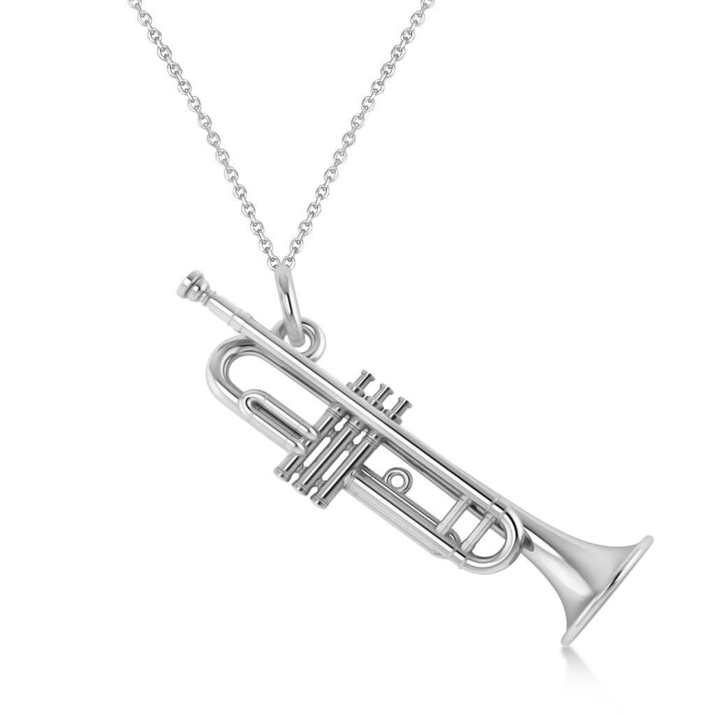 Trumpet Music Charm Pendant Necklace 14K White Gold