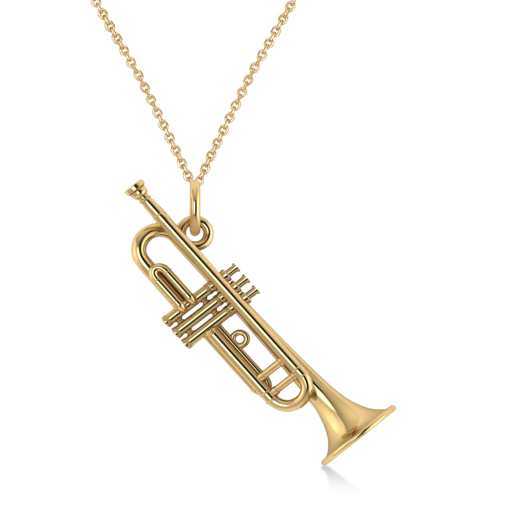 Trumpet Music Charm Pendant Necklace 14K Yellow Gold