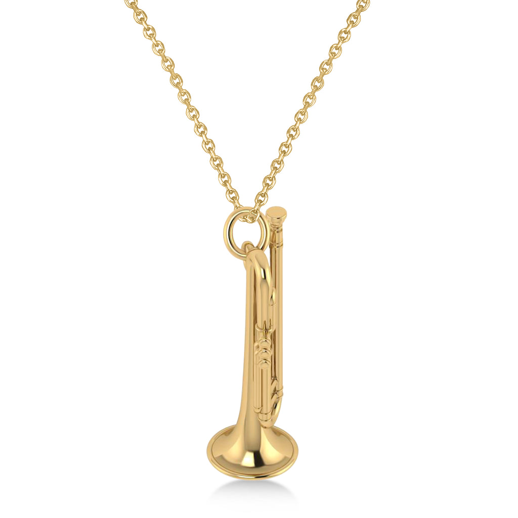 Trumpet Music Charm Pendant Necklace 14K Yellow Gold
