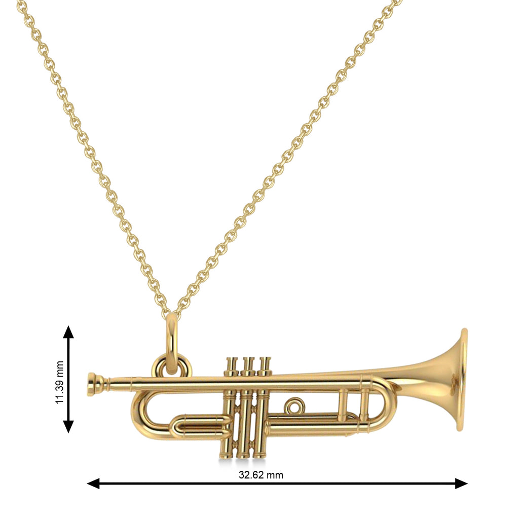 Trumpet Music Charm Pendant Necklace 14K Yellow Gold