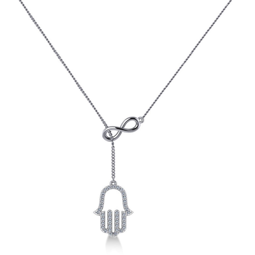 Infinity & Hamsa Religious Lariat Necklace 14k White Gold (0.20ct)