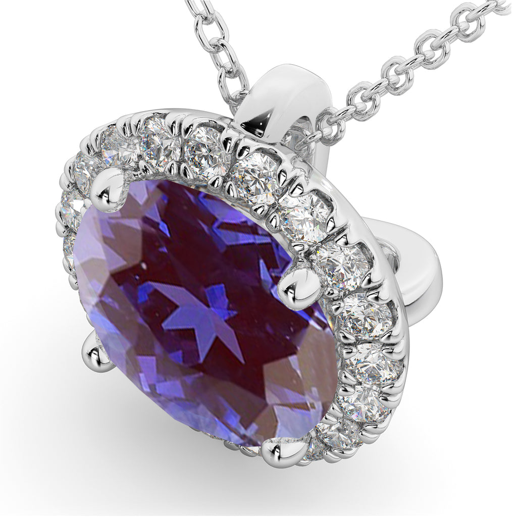 Halo Round Lab Alexandrite & Diamond Pendant Necklace 14k White Gold (2.09ct)
