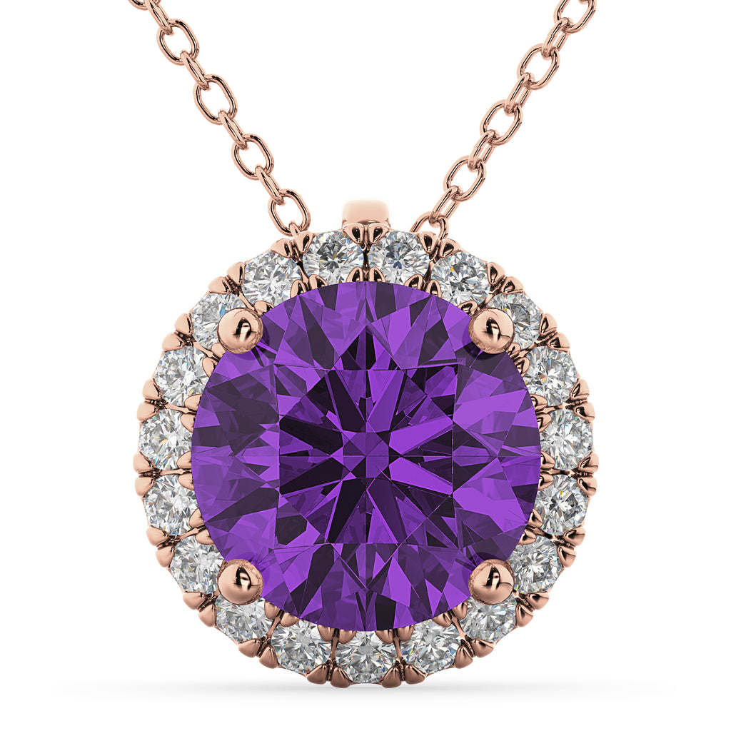 Halo Round Amethyst & Diamond Pendant Necklace 14k Rose Gold (2.09ct)