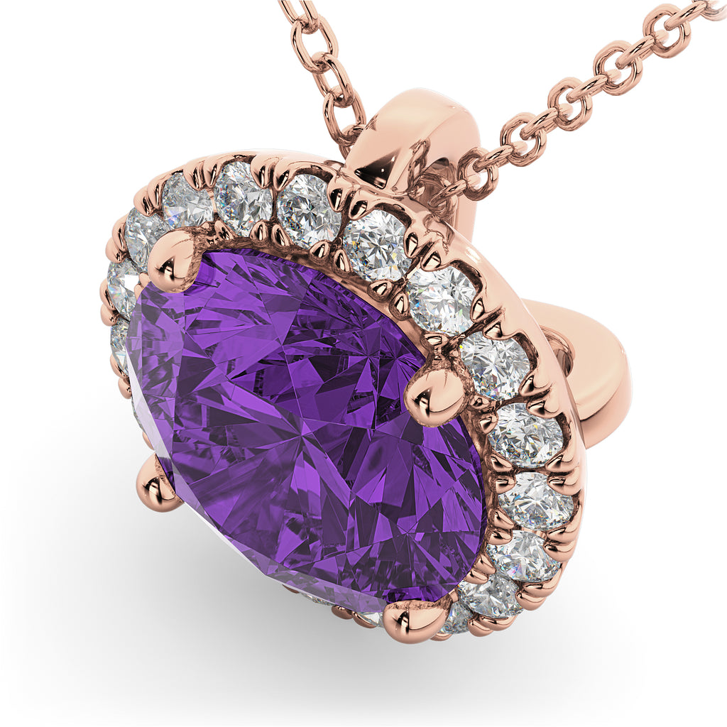 Halo Round Amethyst & Diamond Pendant Necklace 14k Rose Gold (2.09ct)