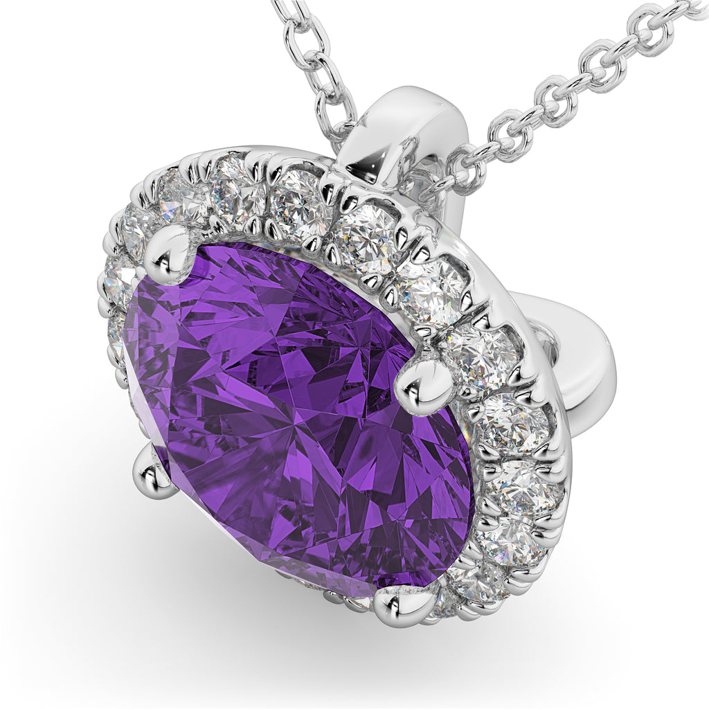 Halo Round Amethyst & Diamond Pendant Necklace 14k White Gold (2.09ct)