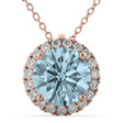 Halo Round Aquamarine & Diamond Pendant Necklace 14k Rose Gold (2.69ct)
