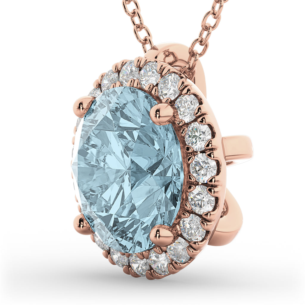 Halo Round Aquamarine & Diamond Pendant Necklace 14k Rose Gold (2.69ct)