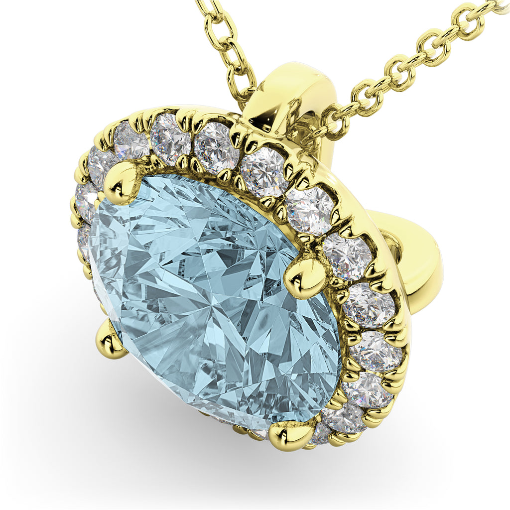 Halo Round Aquamarine & Diamond Pendant Necklace 14k Yellow Gold (2.69ct)