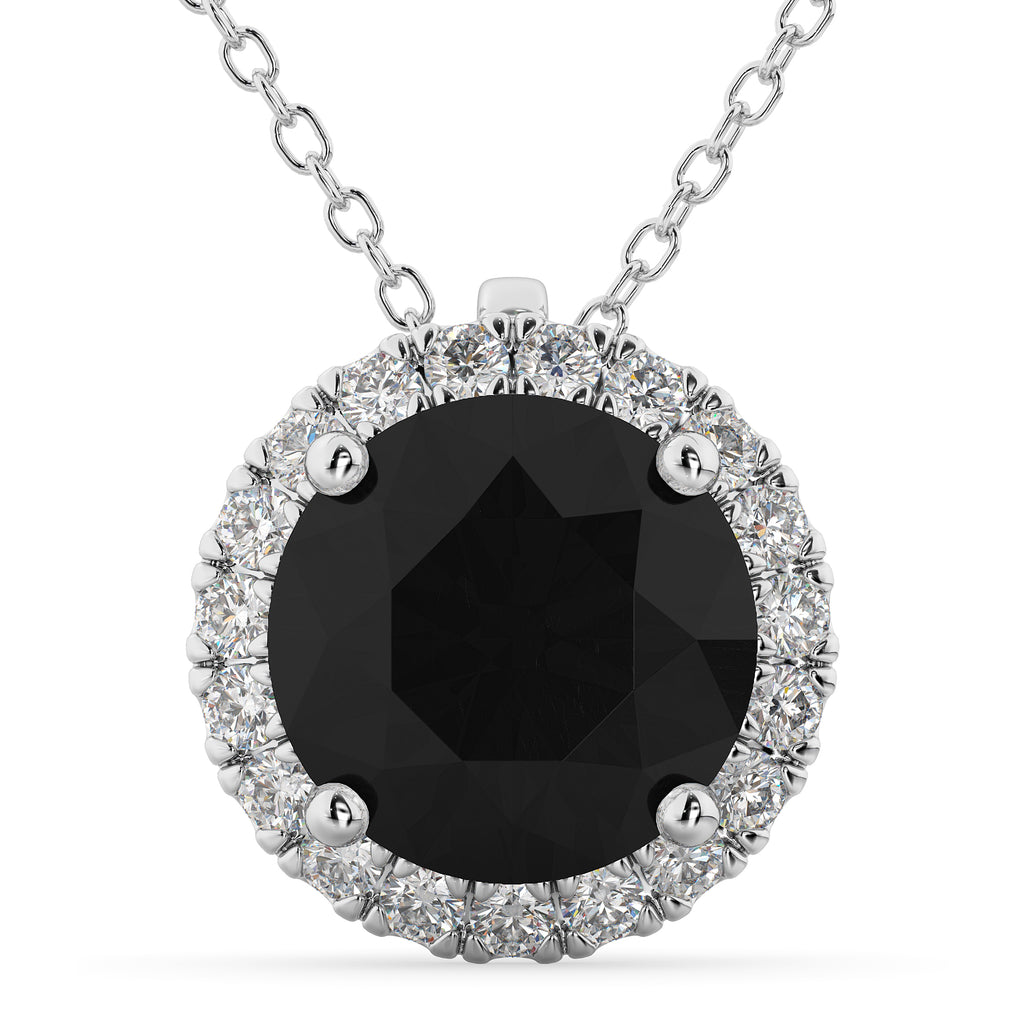 Halo Round Black Diamond Pendant Necklace 14k White Gold (2.29ct)