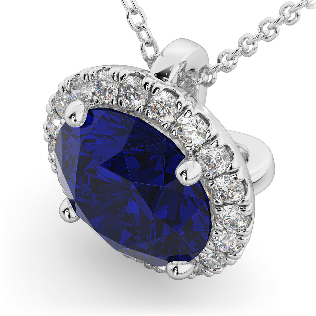 Halo Blue Sapphire & Diamond Pendant Necklace 14k White Gold (2.59ct)