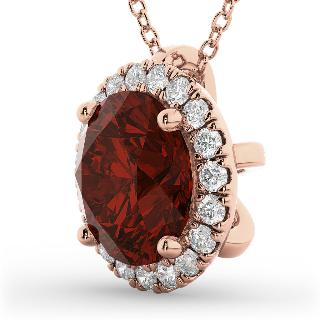 Halo Round Garnet & Diamond Pendant Necklace 14k Rose Gold (2.79ct)