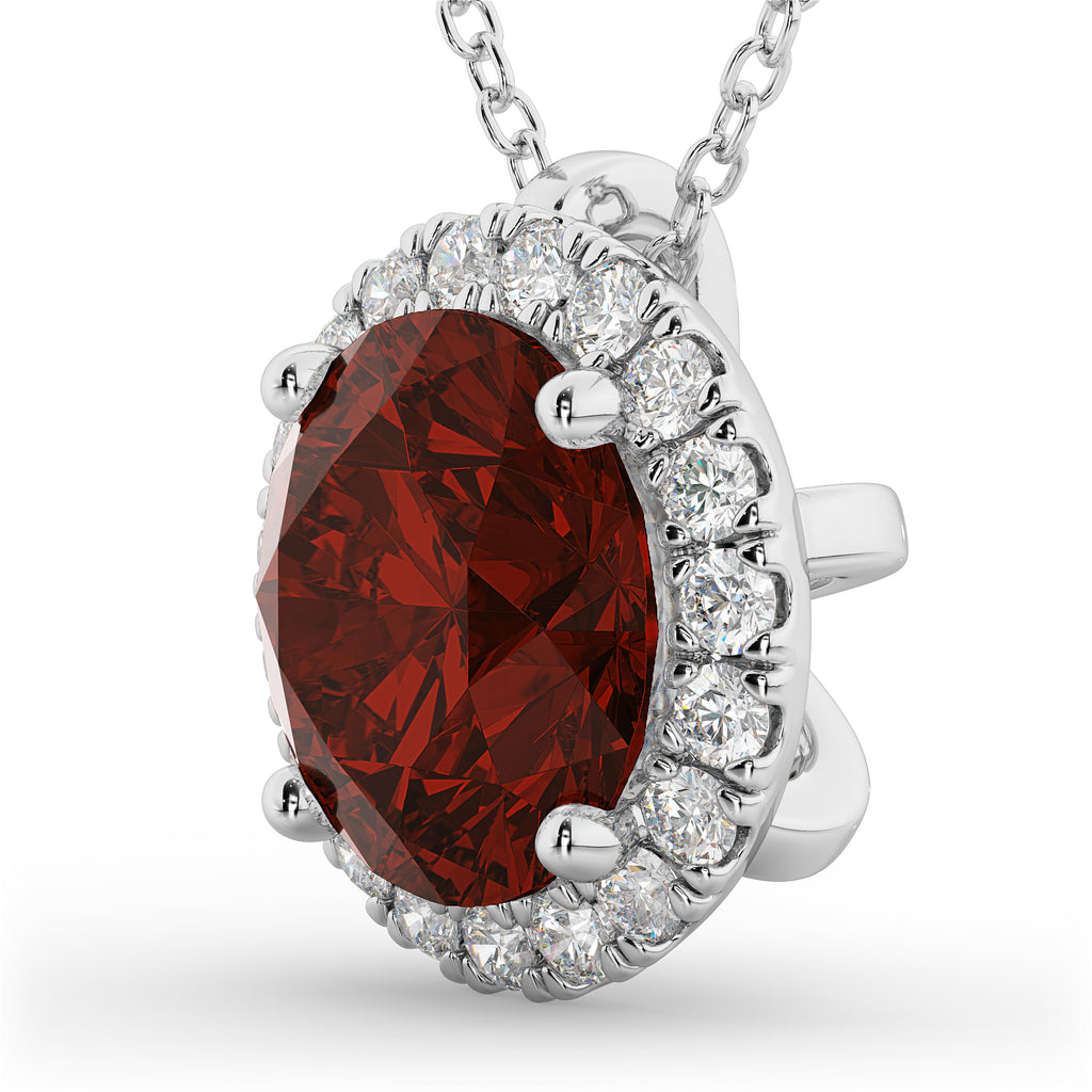 Halo Round Garnet & Diamond Pendant Necklace 14k White Gold (2.79ct)