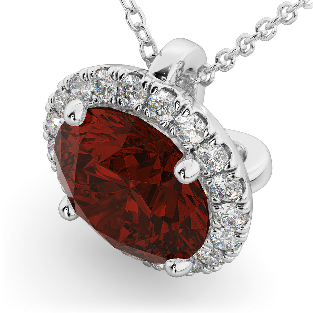 Halo Round Garnet & Diamond Pendant Necklace 14k White Gold (2.79ct)