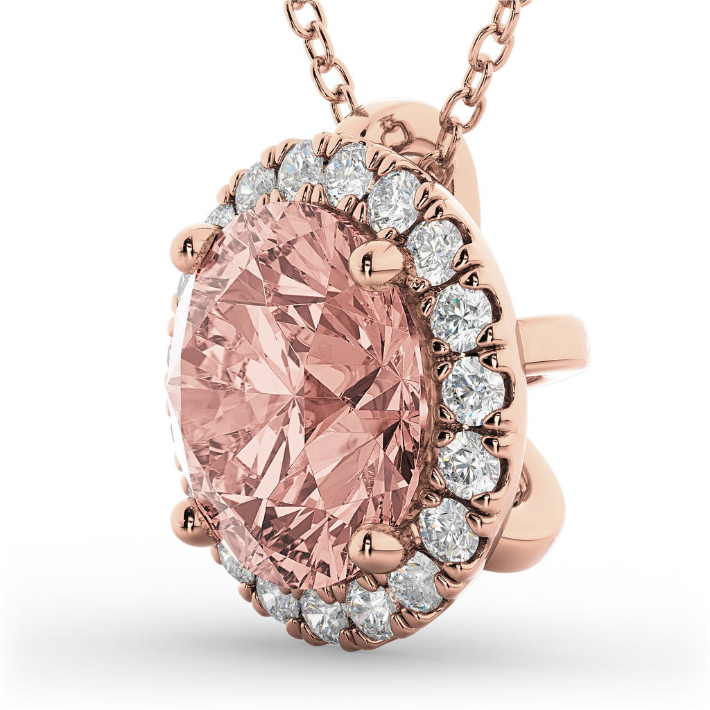 Halo Round Morganite & Diamond Pendant Necklace 14k Rose Gold (2.09ct)