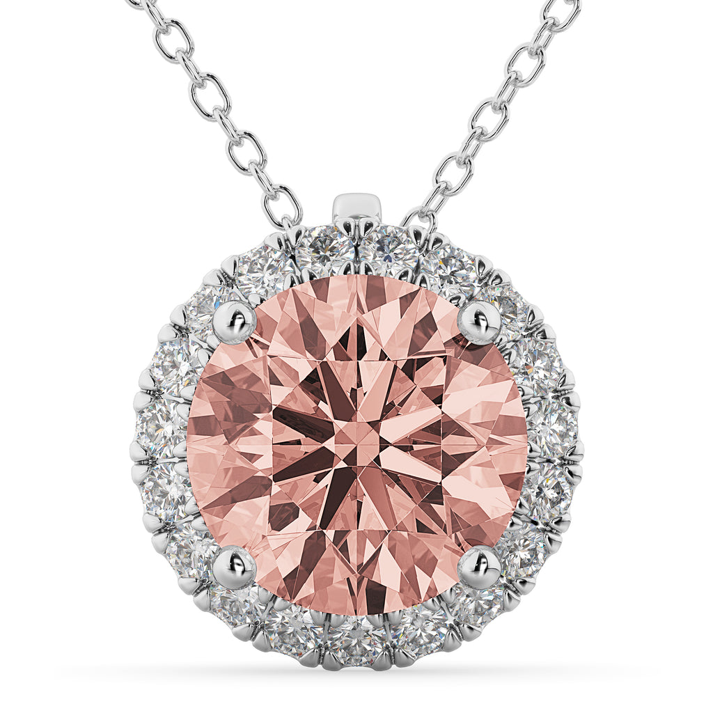 Halo Round Morganite & Diamond Pendant Necklace 14k White Gold (2.09ct)