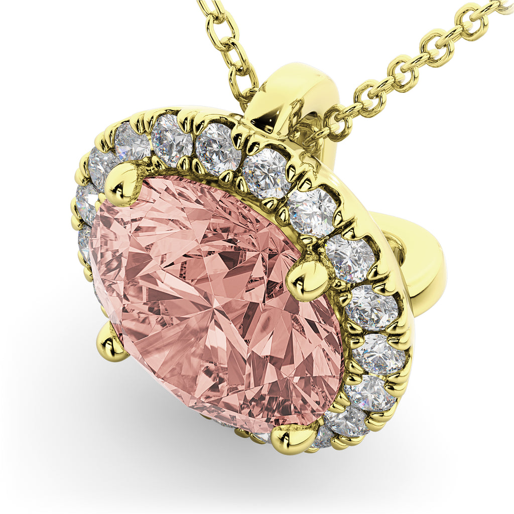 Halo Round Morganite & Diamond Pendant Necklace 14k Yellow Gold (2.09ct)