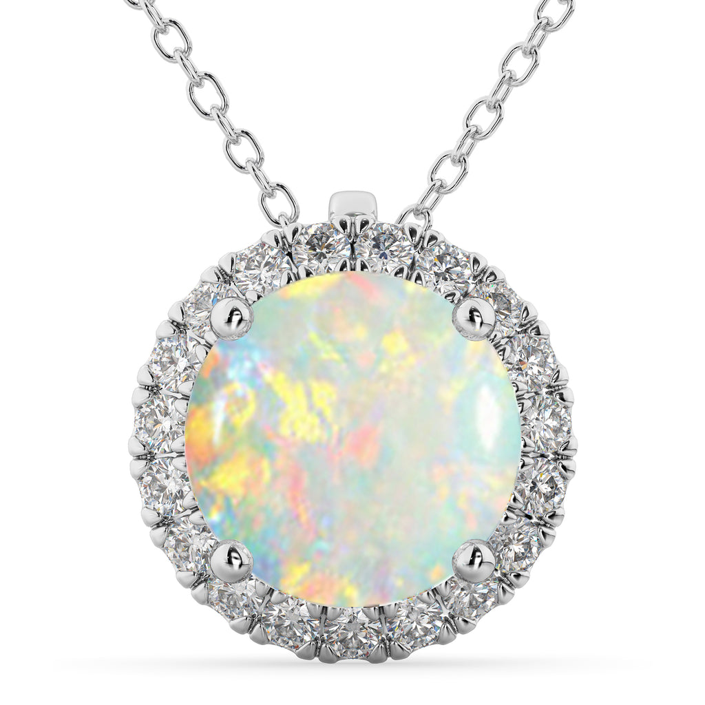 Halo Round Opal & Diamond Pendant Necklace 14k White Gold (2.09ct)