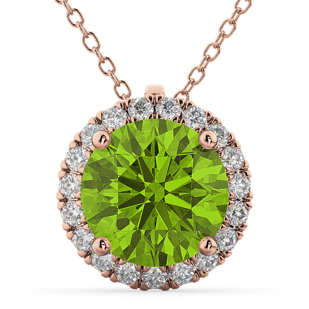 Halo Round Peridot & Diamond Pendant Necklace 14k Rose Gold (2.29ct)