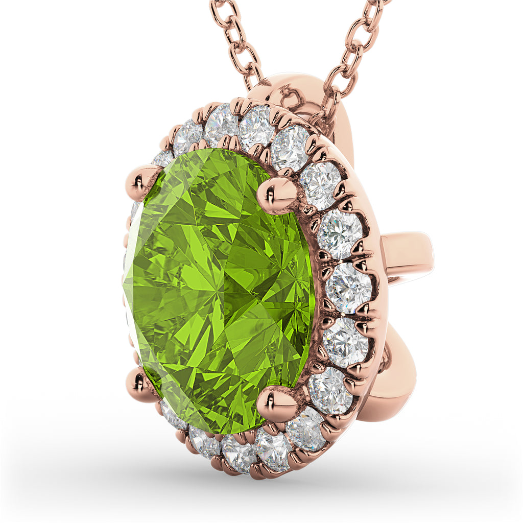 Halo Round Peridot & Diamond Pendant Necklace 14k Rose Gold (2.29ct)
