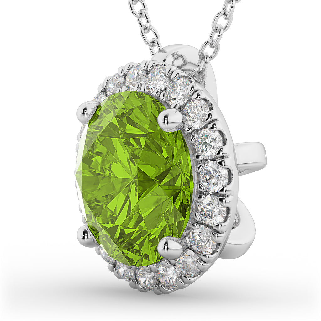 Halo Round Peridot & Diamond Pendant Necklace 14k White Gold (2.29ct)