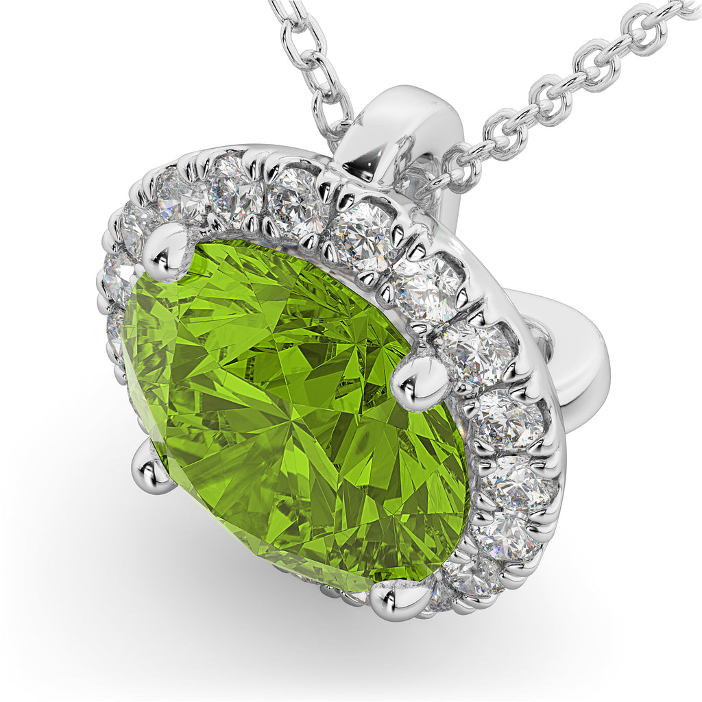 Halo Round Peridot & Diamond Pendant Necklace 14k White Gold (2.29ct)