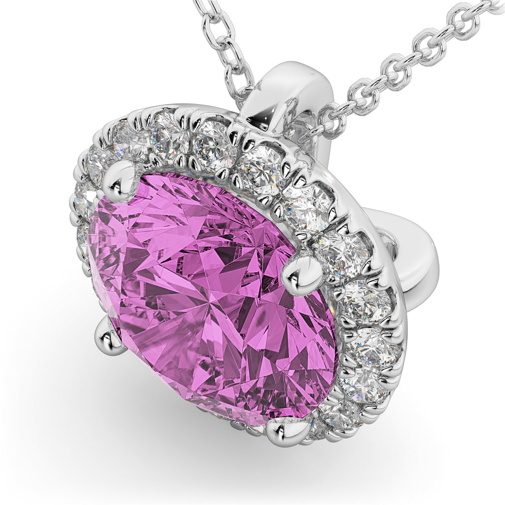Halo Round Pink Sapphire & Diamond Pendant Necklace 14k White Gold (2.59ct)