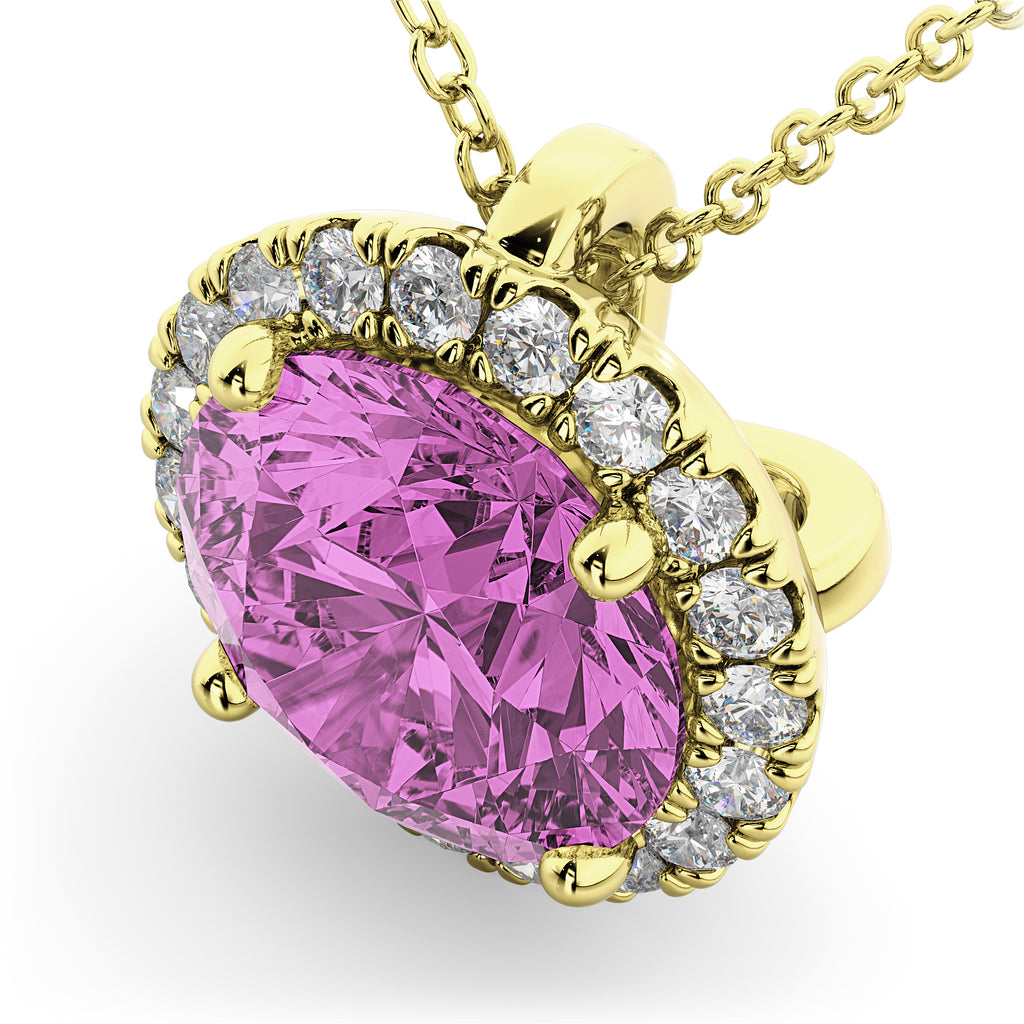 Halo Round Pink Sapphire & Diamond Pendant Necklace 14k Yellow Gold (2.59ct)