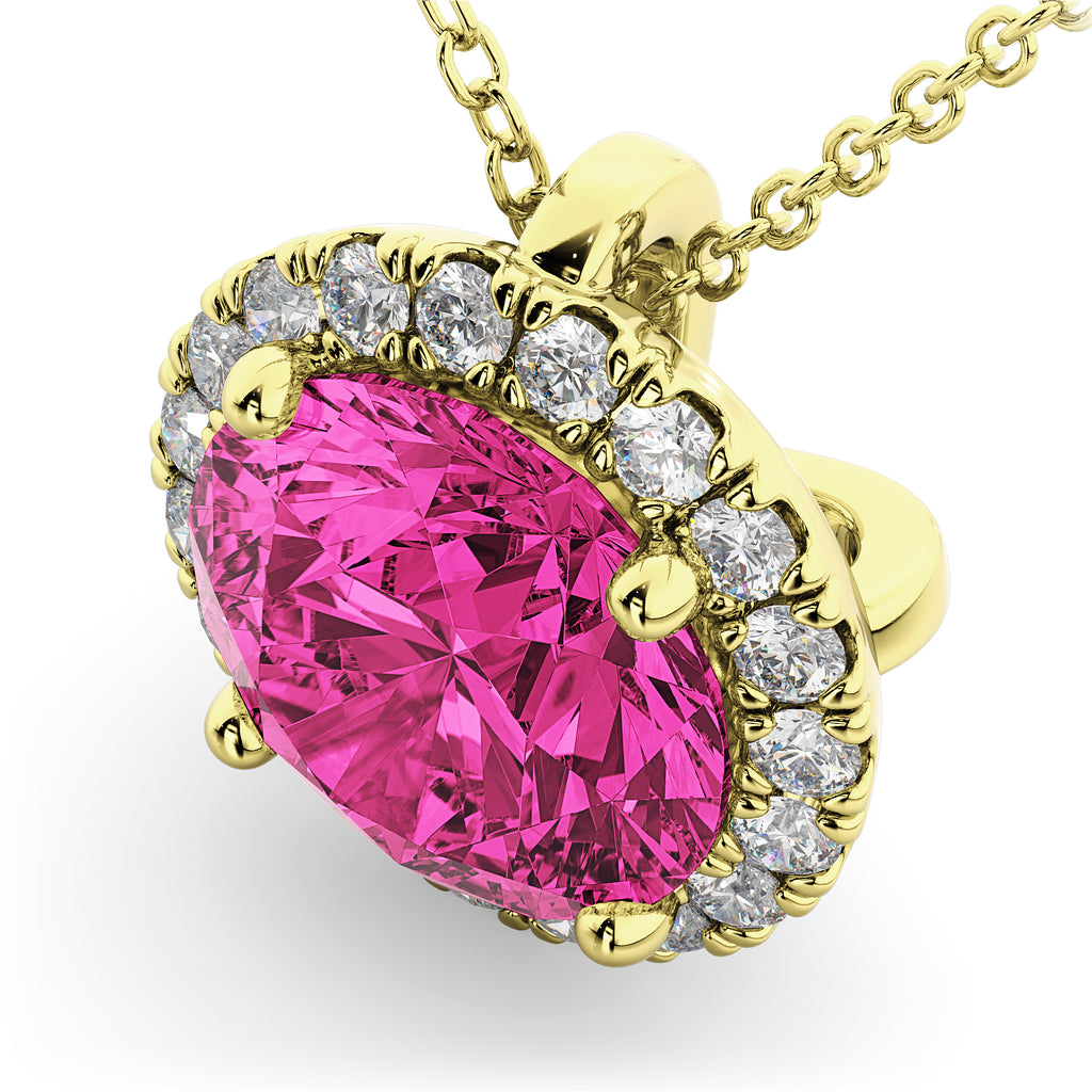 Halo Round Pink Tourmaline & Diamond Pendant Necklace 14k Yellow Gold (2.29ct)